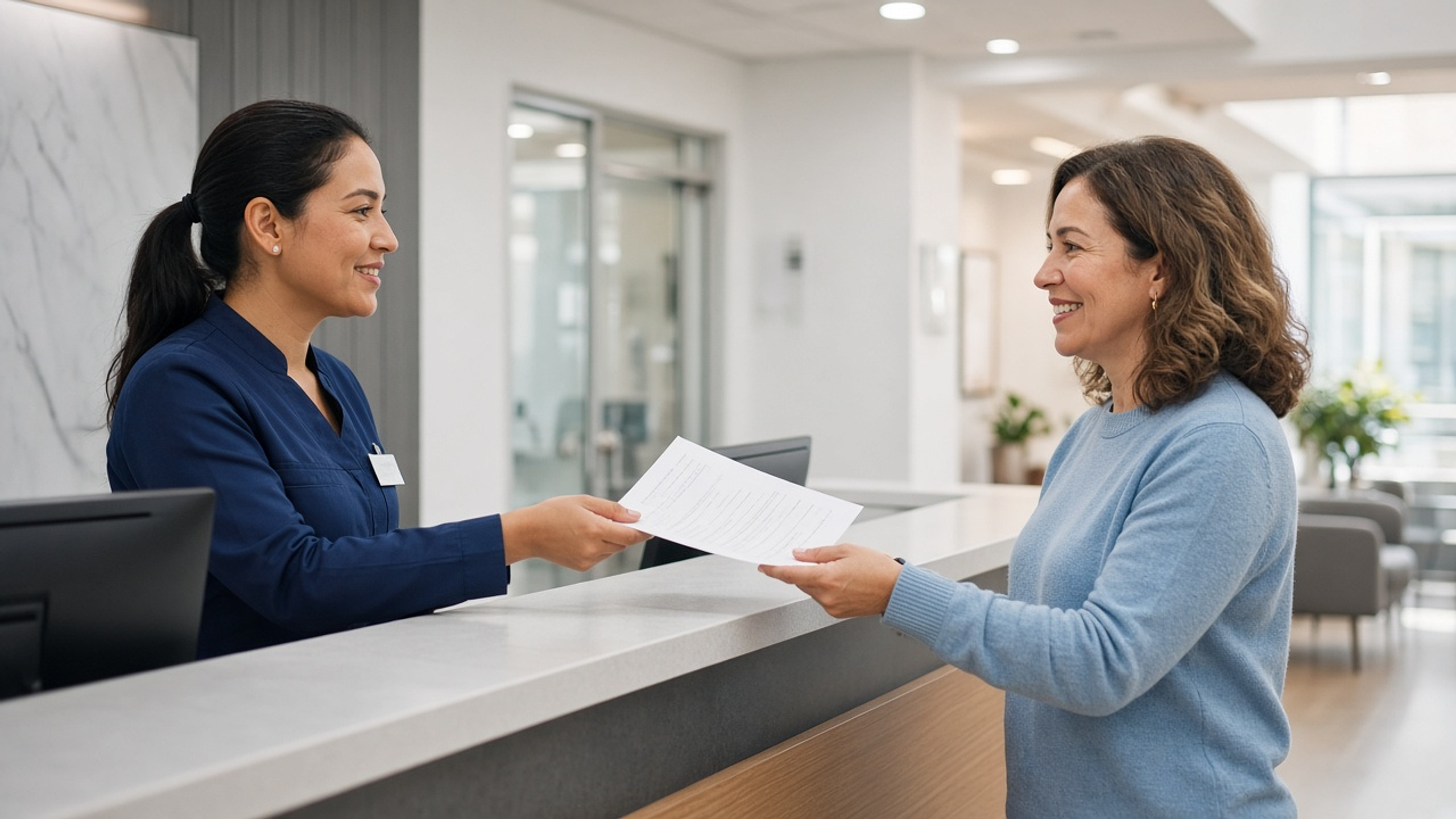 Front desk handing an invoice to a patient