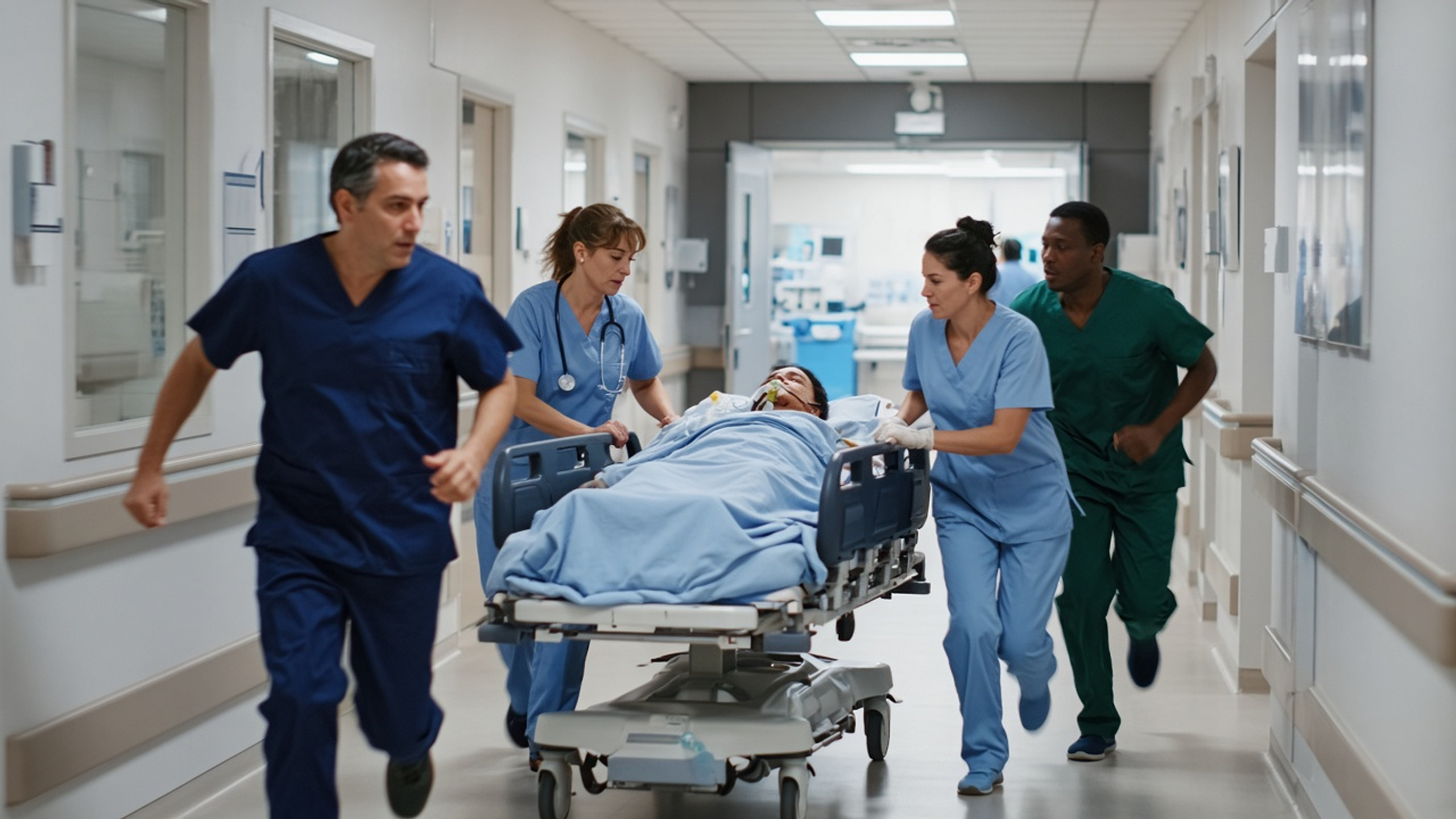 Doctors and nurses rushing a patient on a stretcher to ICU