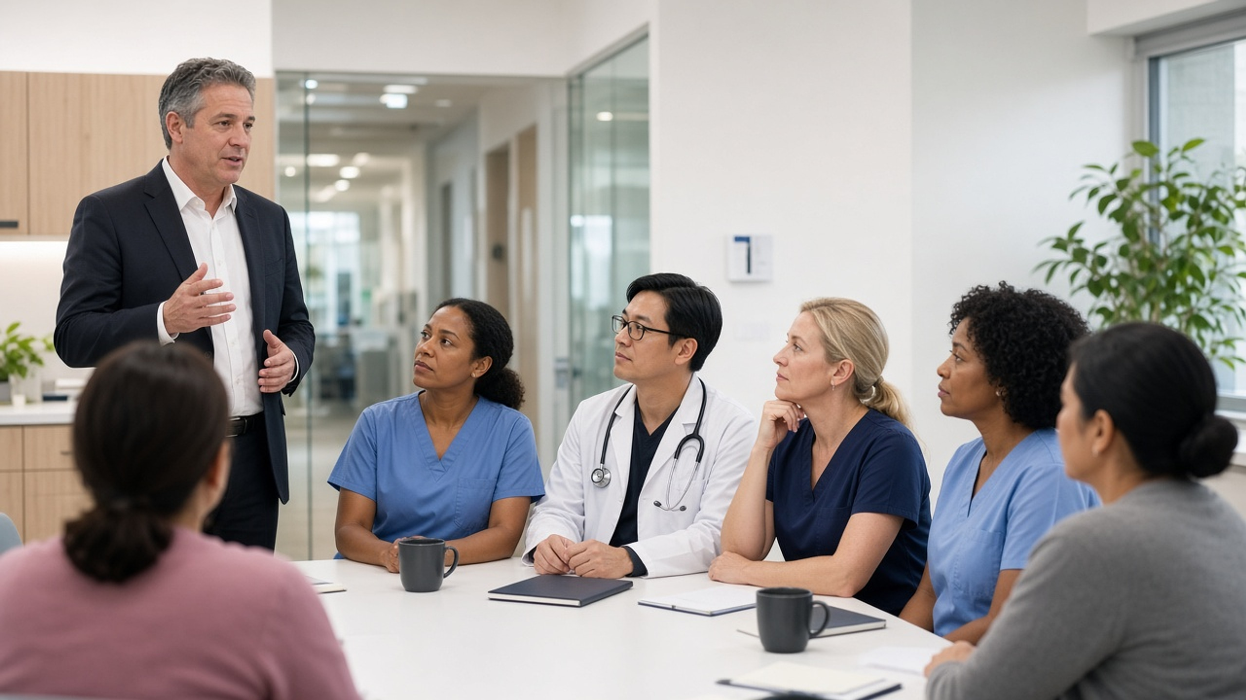 Hospital owner guiding doctors, nurses and front-desk staff