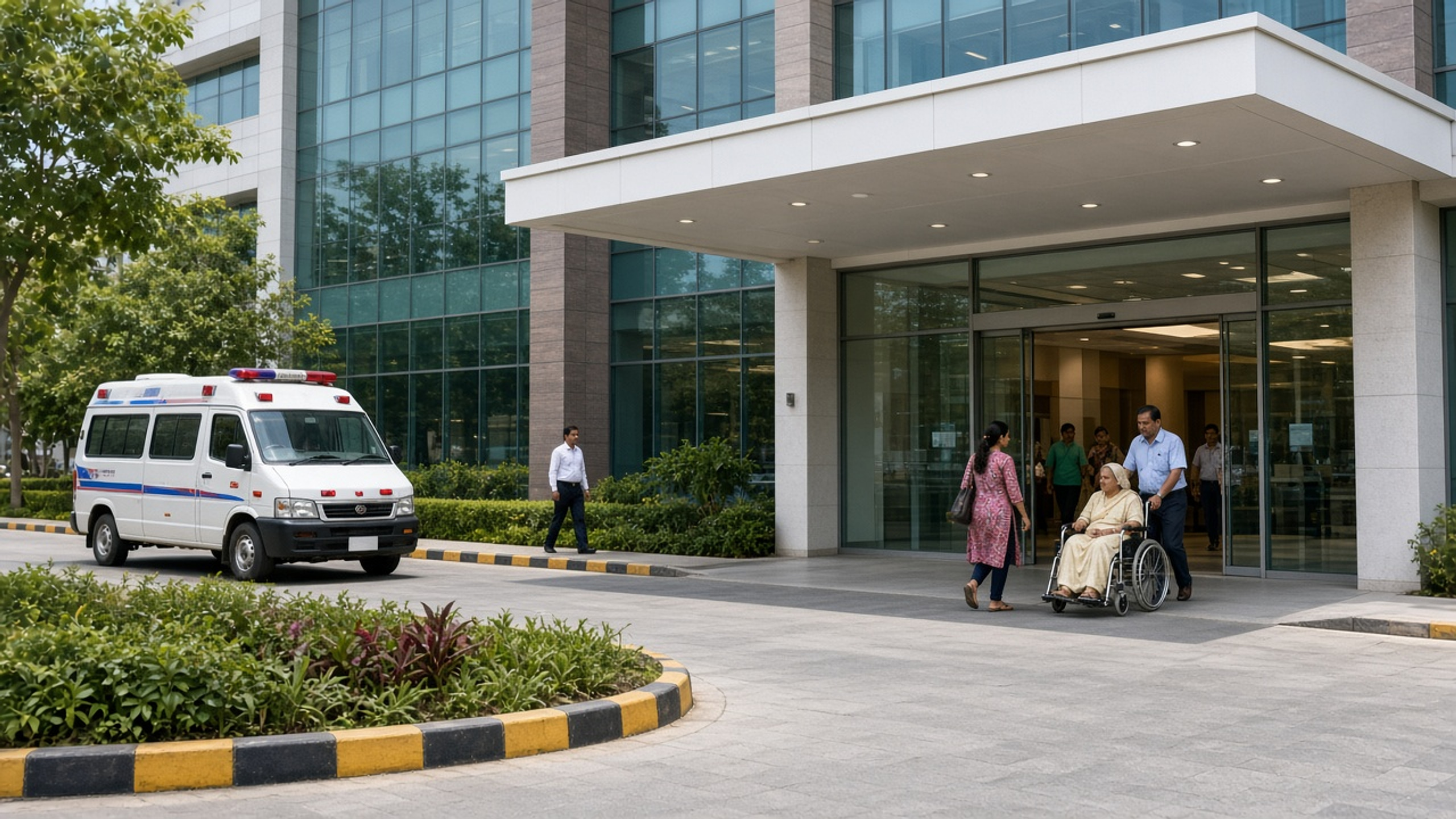 Hospital with ambulance and patients